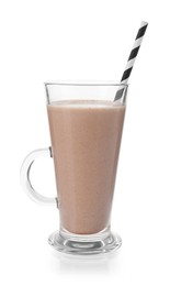 Photo of Tasty chocolate milkshake in glass isolated on white