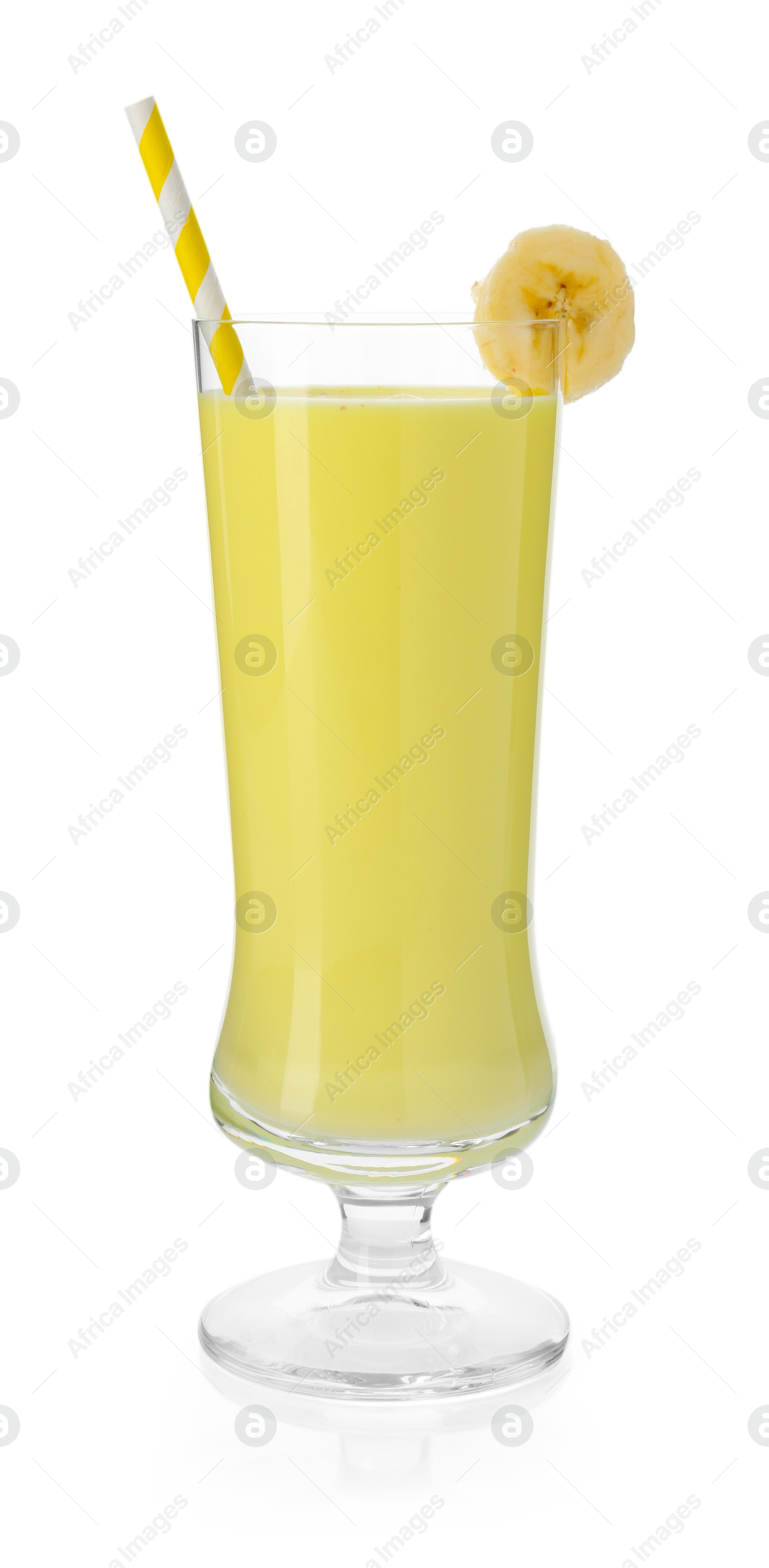 Photo of Tasty banana milkshake in glass isolated on white