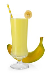 Photo of Tasty milkshake in glass and banana isolated on white