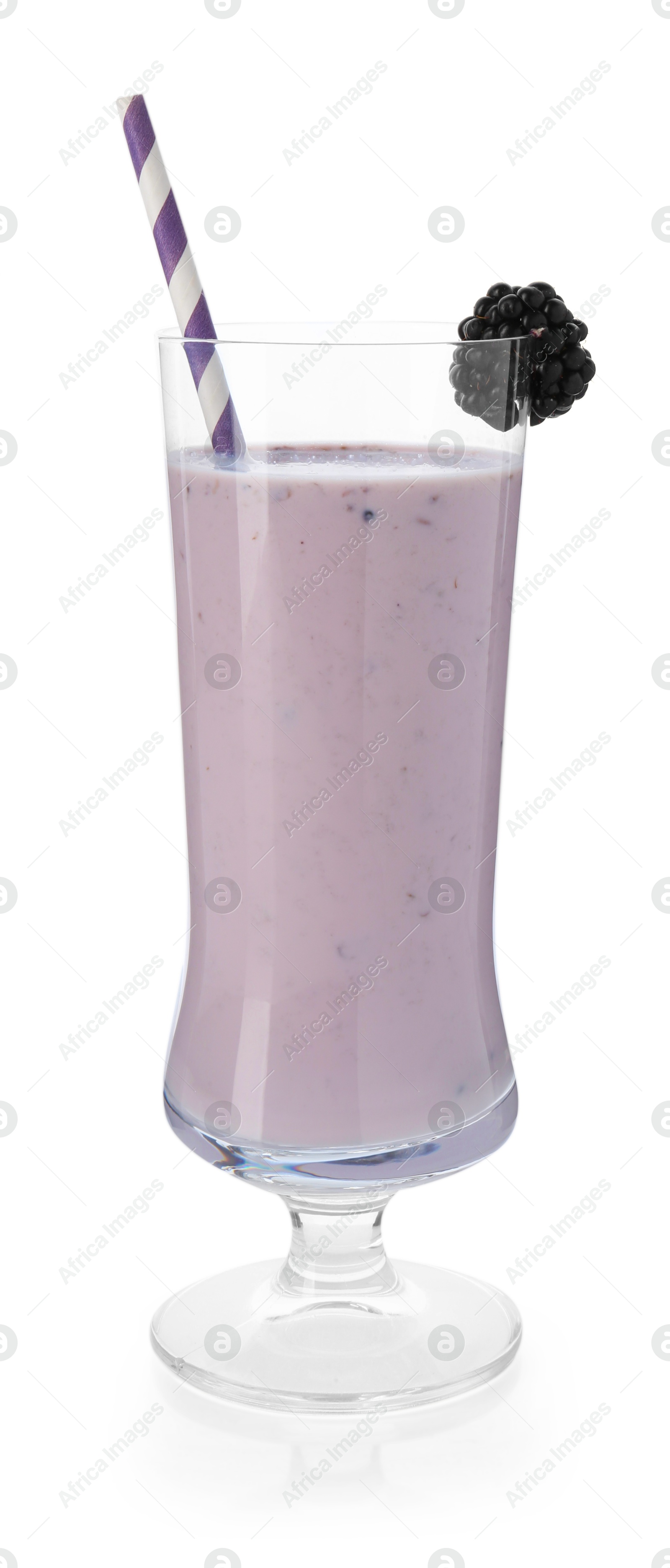 Photo of Tasty blackberry milkshake in glass isolated on white