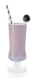 Photo of Tasty blackberry milkshake in glass isolated on white