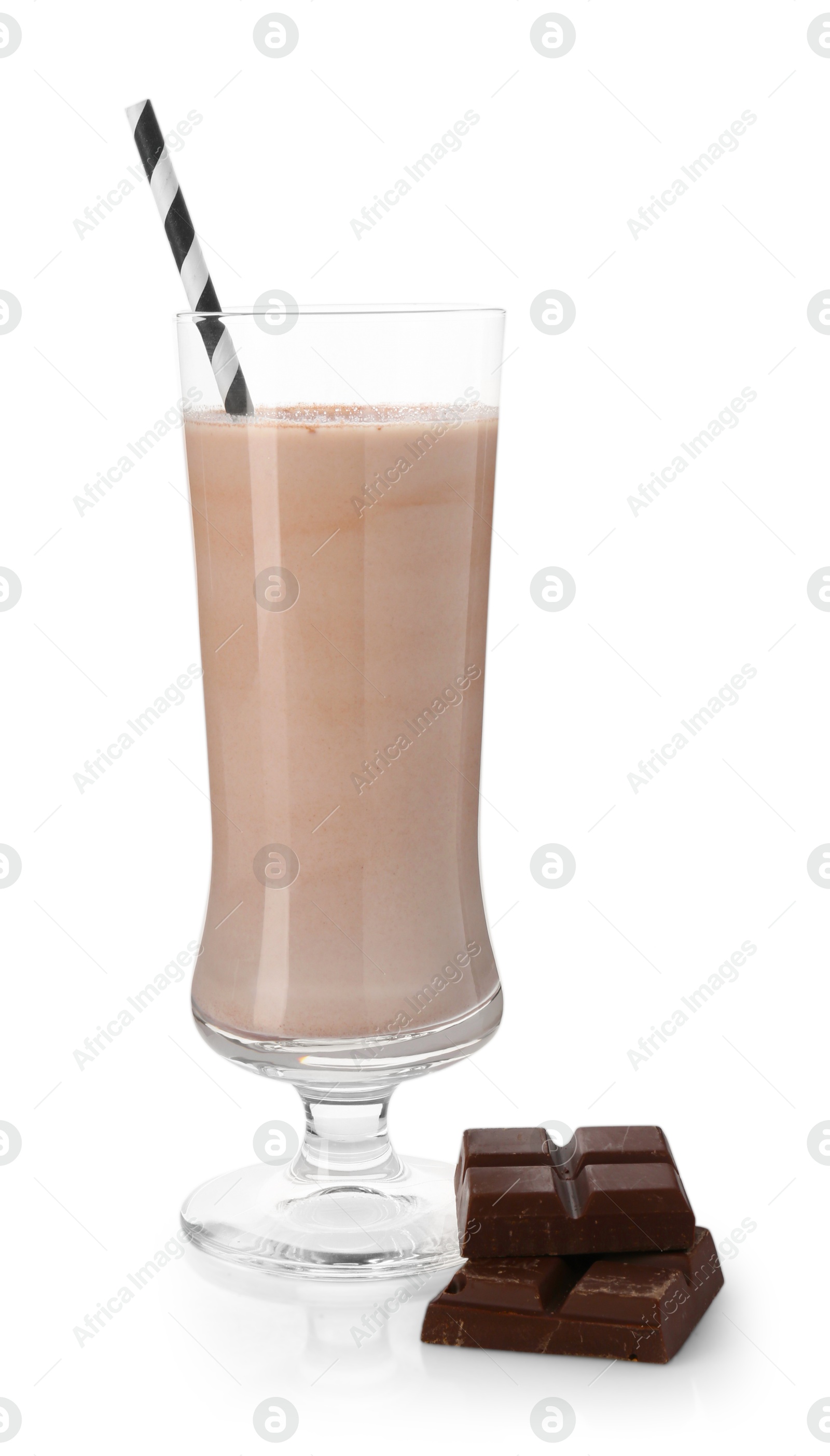 Photo of Tasty milkshake in glass and pieces of chocolate isolated on white