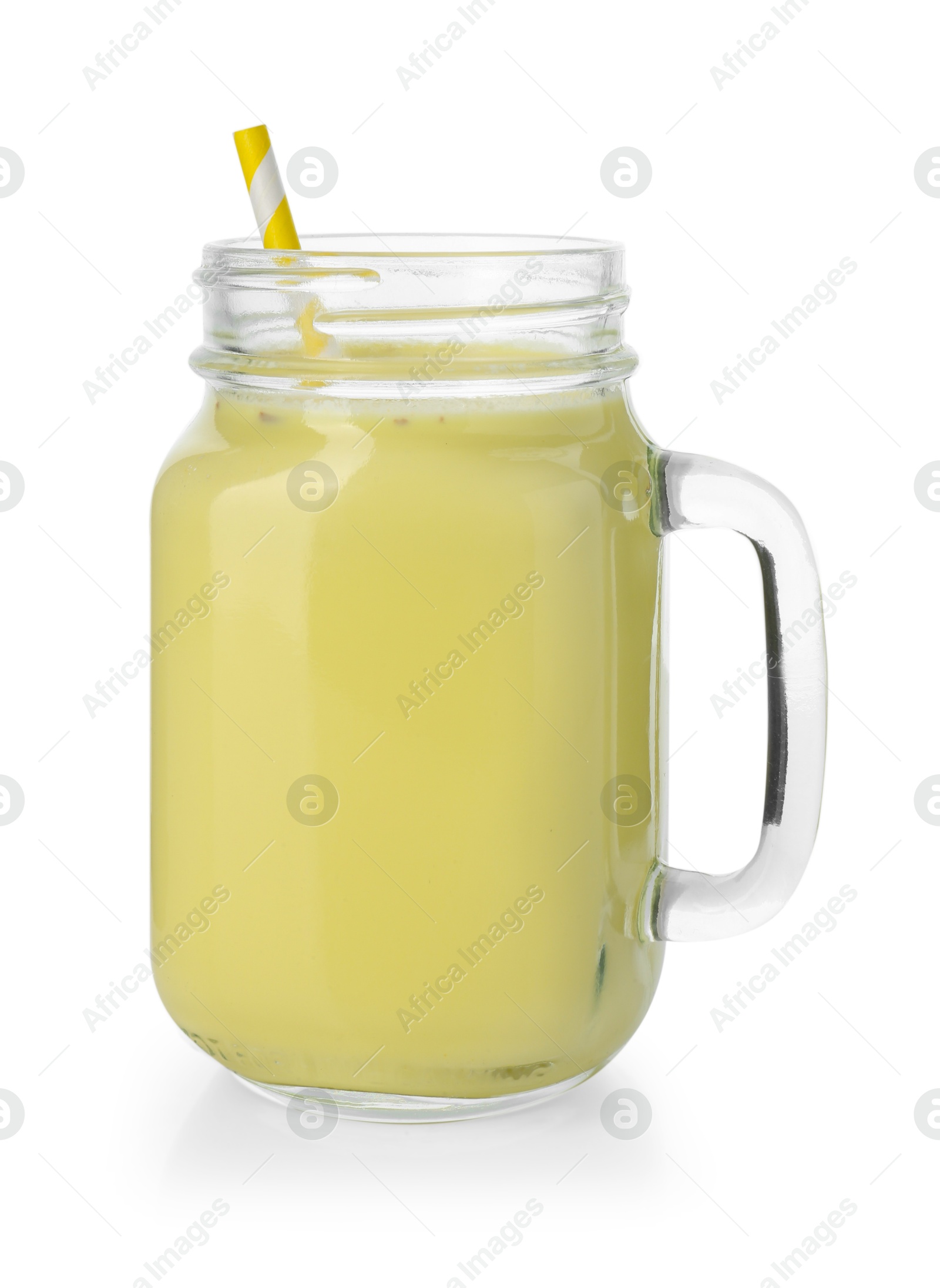 Photo of Tasty banana milkshake in mason jar isolated on white