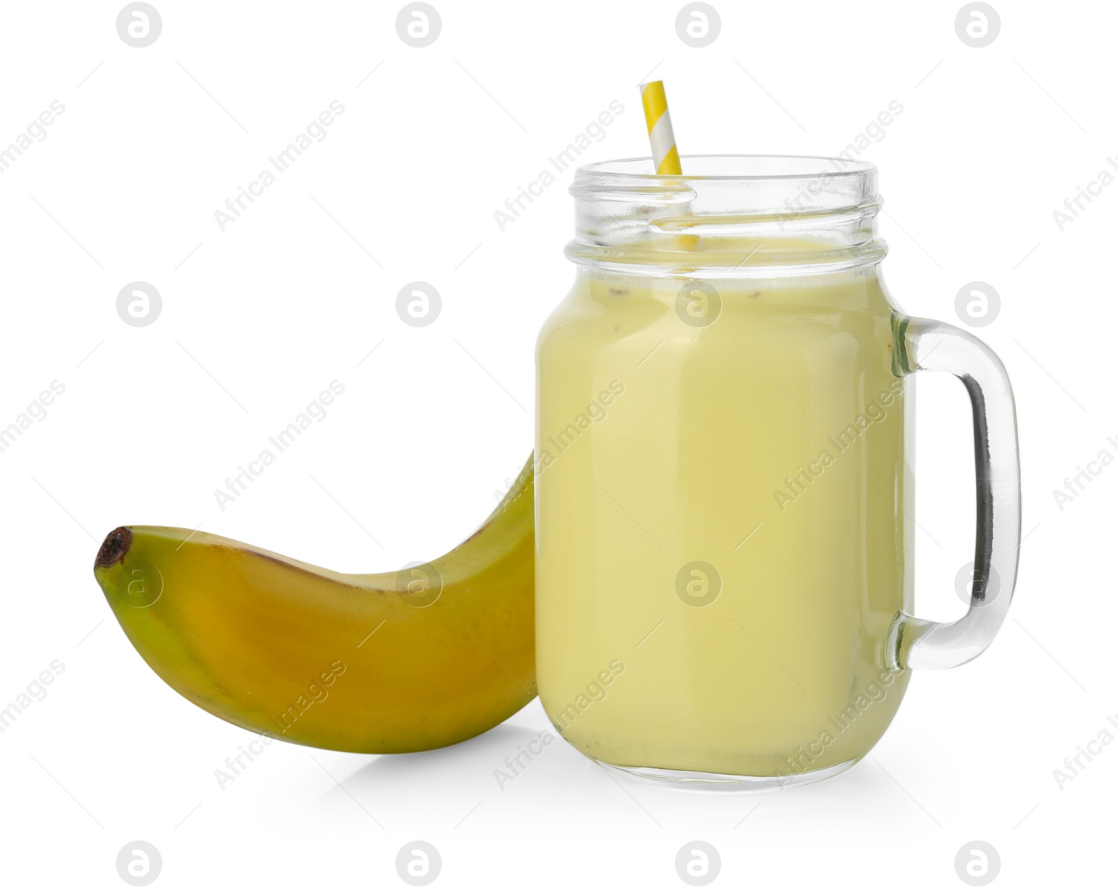 Photo of Tasty milkshake in mason jar and banana isolated on white