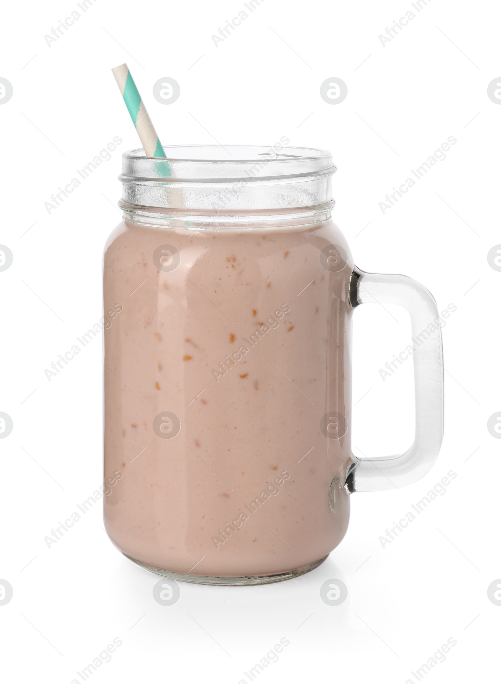 Photo of Tasty raspberry milkshake in mason jar isolated on white