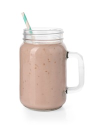 Photo of Tasty raspberry milkshake in mason jar isolated on white