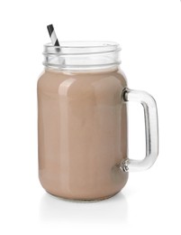 Photo of Tasty chocolate milkshake in mason jar isolated on white