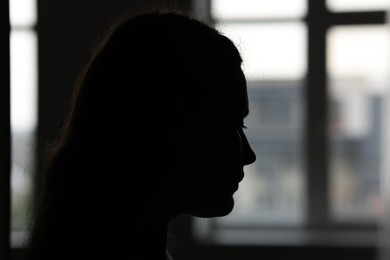 Photo of Silhouette of sad young woman at home, space for text