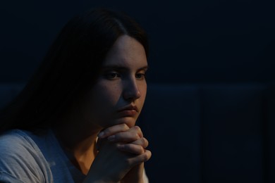 Photo of Sad young woman at home. Depression concept