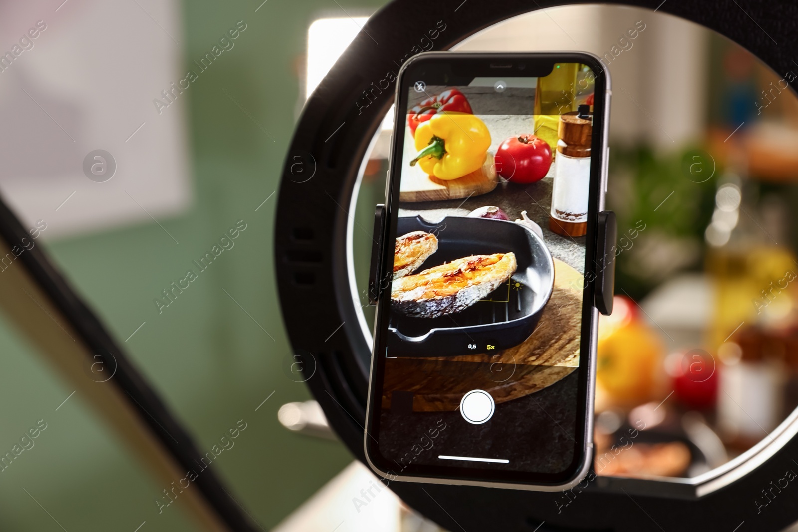 Photo of Shooting tasty roasted fish and ingredients with smartphone in studio, selective focus. Professional food photography