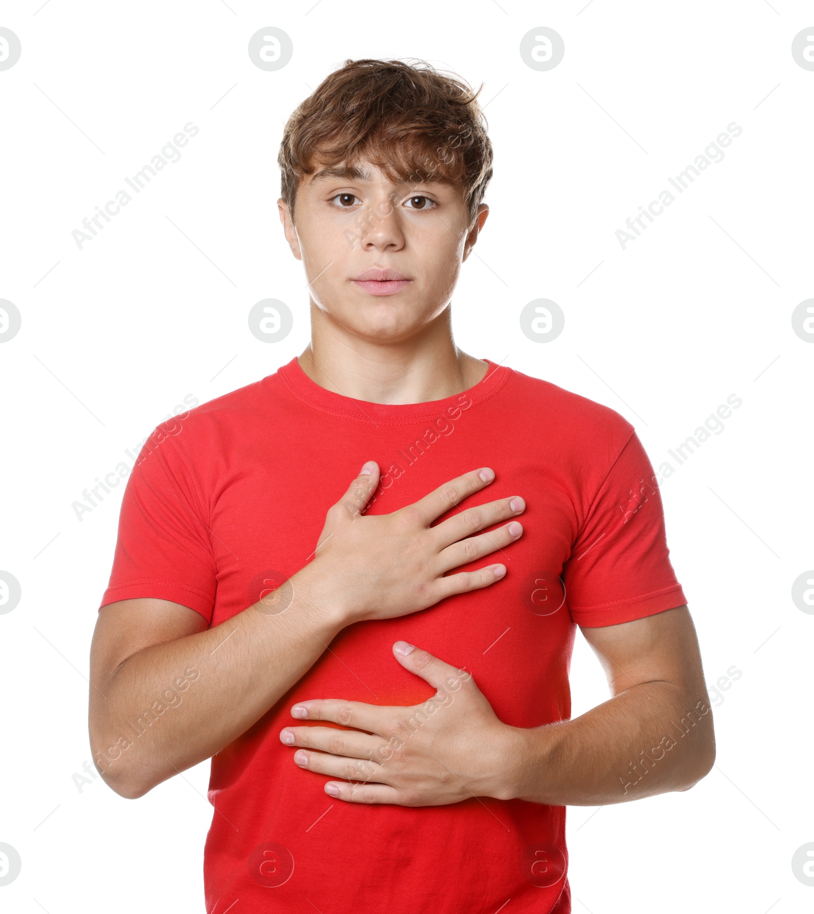 Photo of Teenage boy deep breathing on white background. Way to stop panic attack