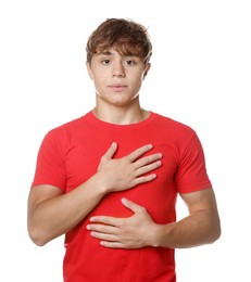 Photo of Teenage boy deep breathing on white background. Way to stop panic attack