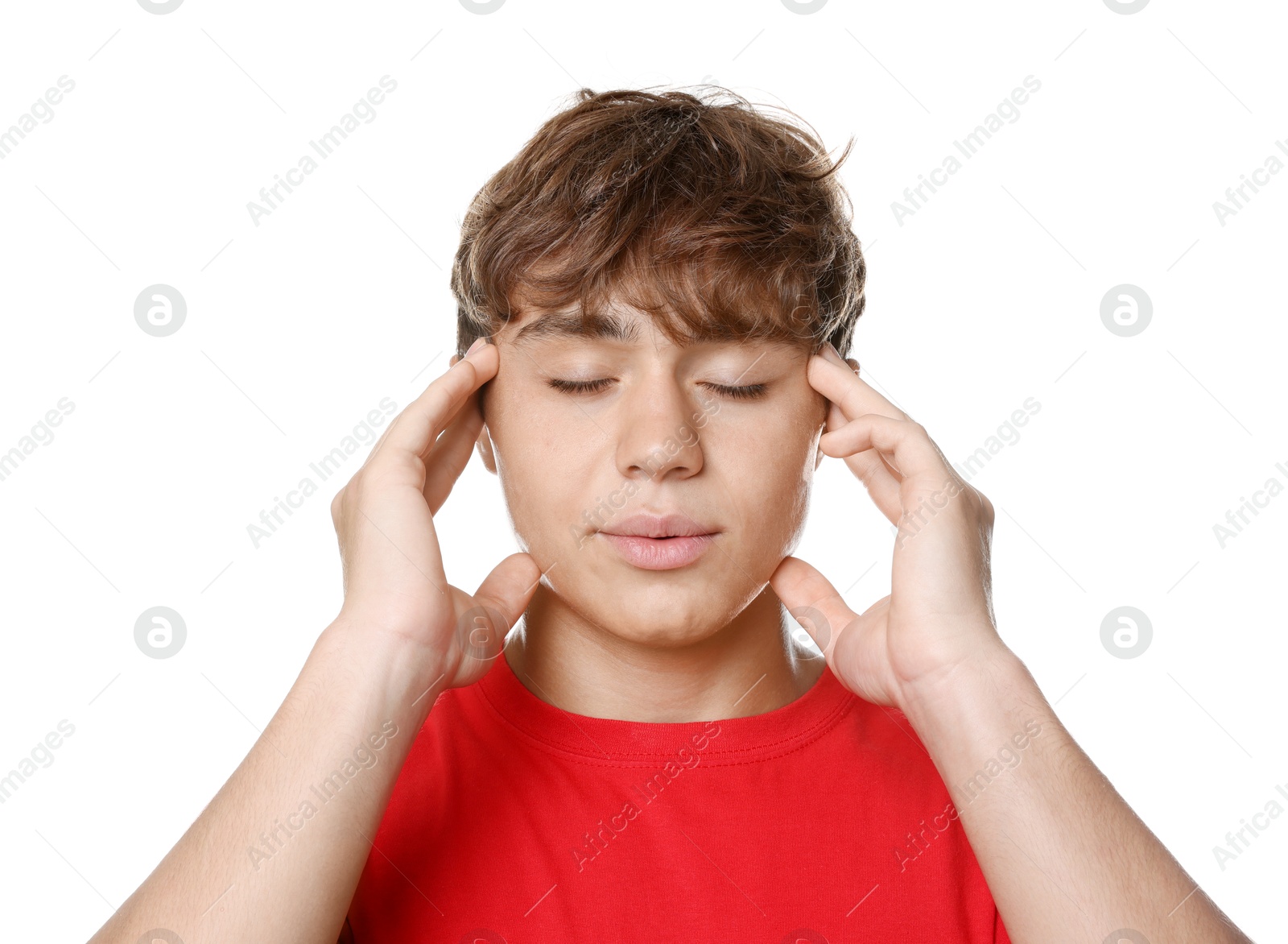 Photo of Teenage boy meditating on white background. Way to stop panic attack