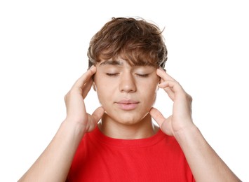 Photo of Teenage boy meditating on white background. Way to stop panic attack