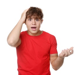 Photo of Teenage boy suffering from panic attack on white background