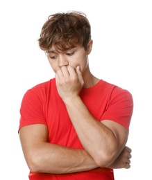 Photo of Teenage boy suffering from panic attack on white background