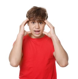 Photo of Teenage boy suffering from panic attack on white background