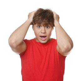 Photo of Teenage boy suffering from panic attack on white background