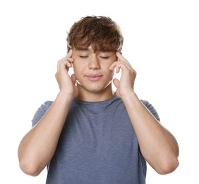 Photo of Teenage boy meditating on white background. Way to stop panic attack