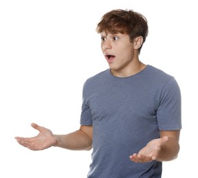 Photo of Teenage boy suffering from panic attack on white background