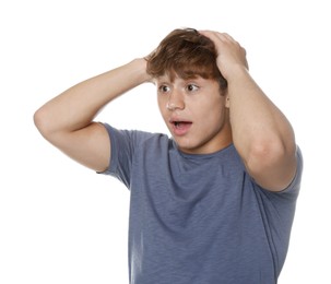 Photo of Teenage boy suffering from panic attack on white background
