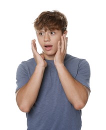 Photo of Teenage boy suffering from panic attack on white background