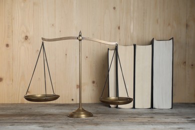 Photo of Golden scales of justice and books on wooden table