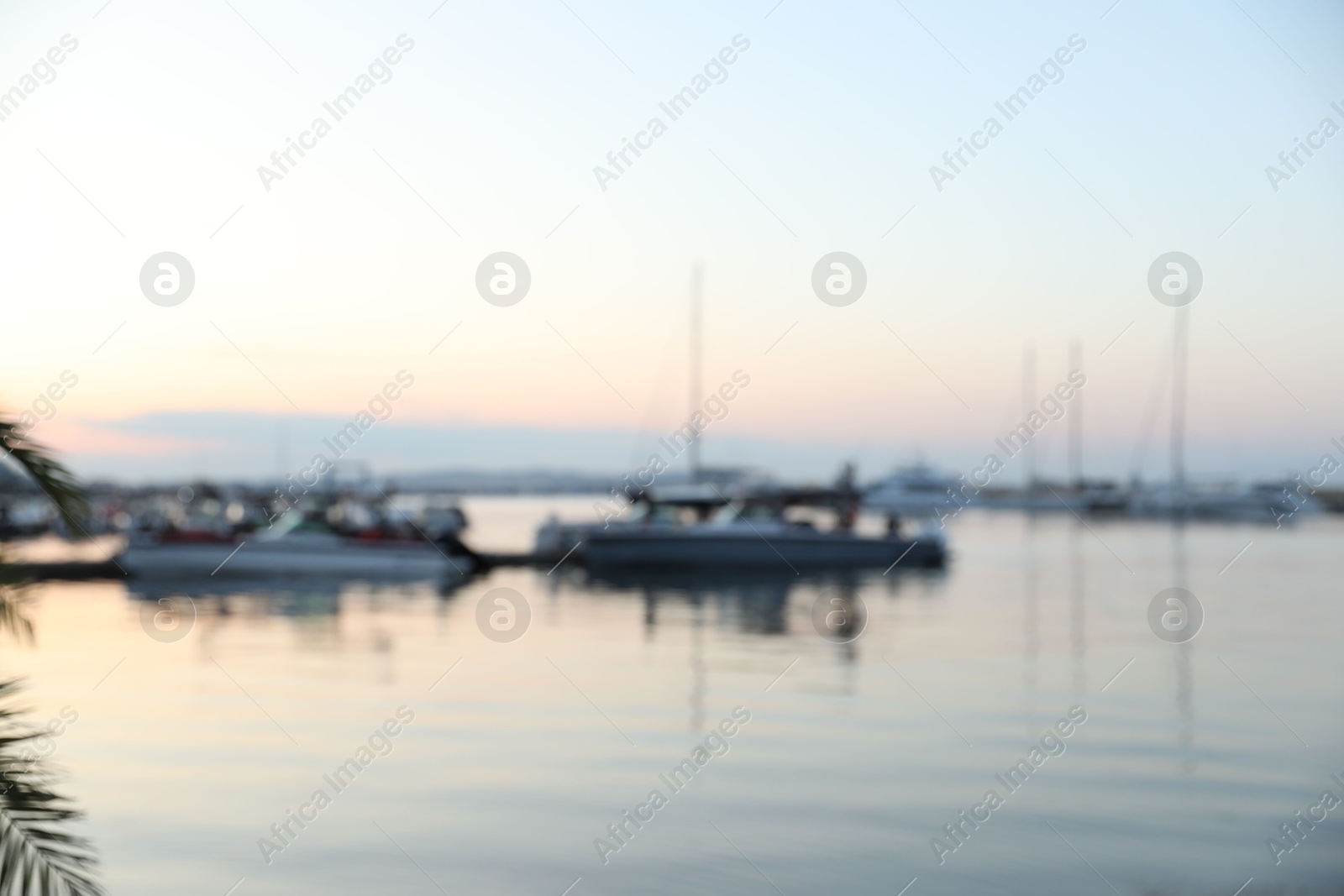 Moored boats in sea port at sunset, blurred view Photo of Moored boats in sea port at sunset, blurred view