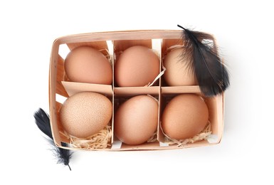 Photo of Raw chicken eggs and feathers in wooden egg tray isolated on white, top view