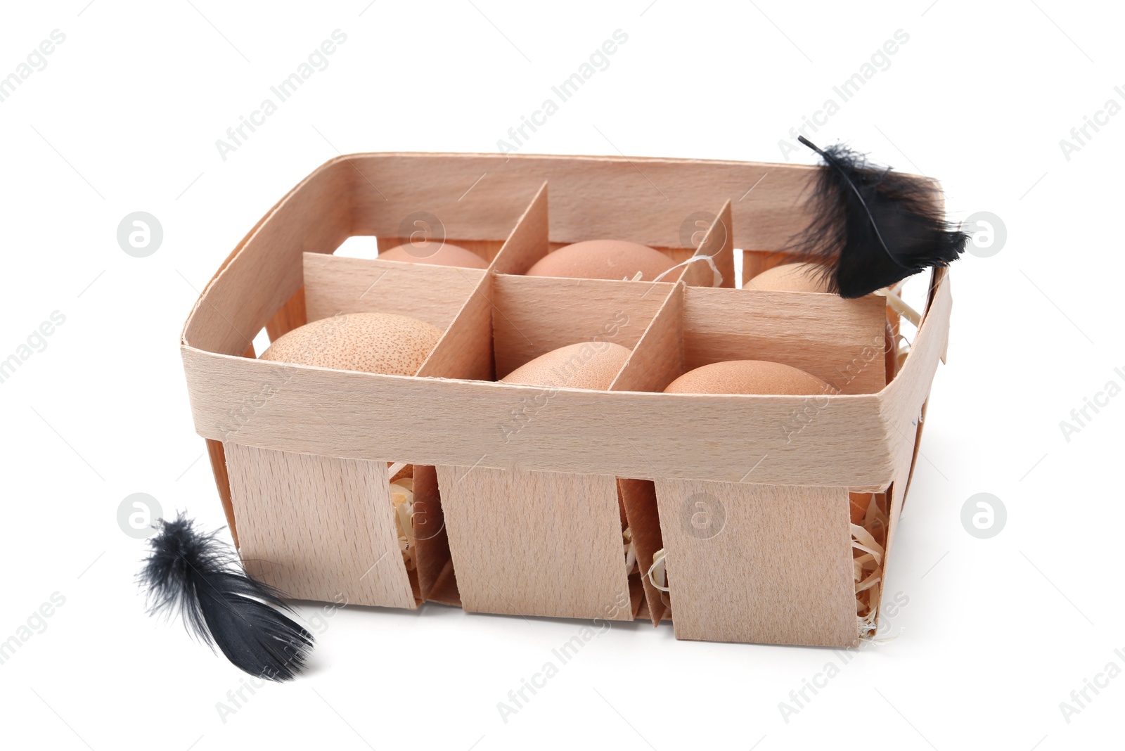 Photo of Raw chicken eggs and feathers in wooden egg tray isolated on white