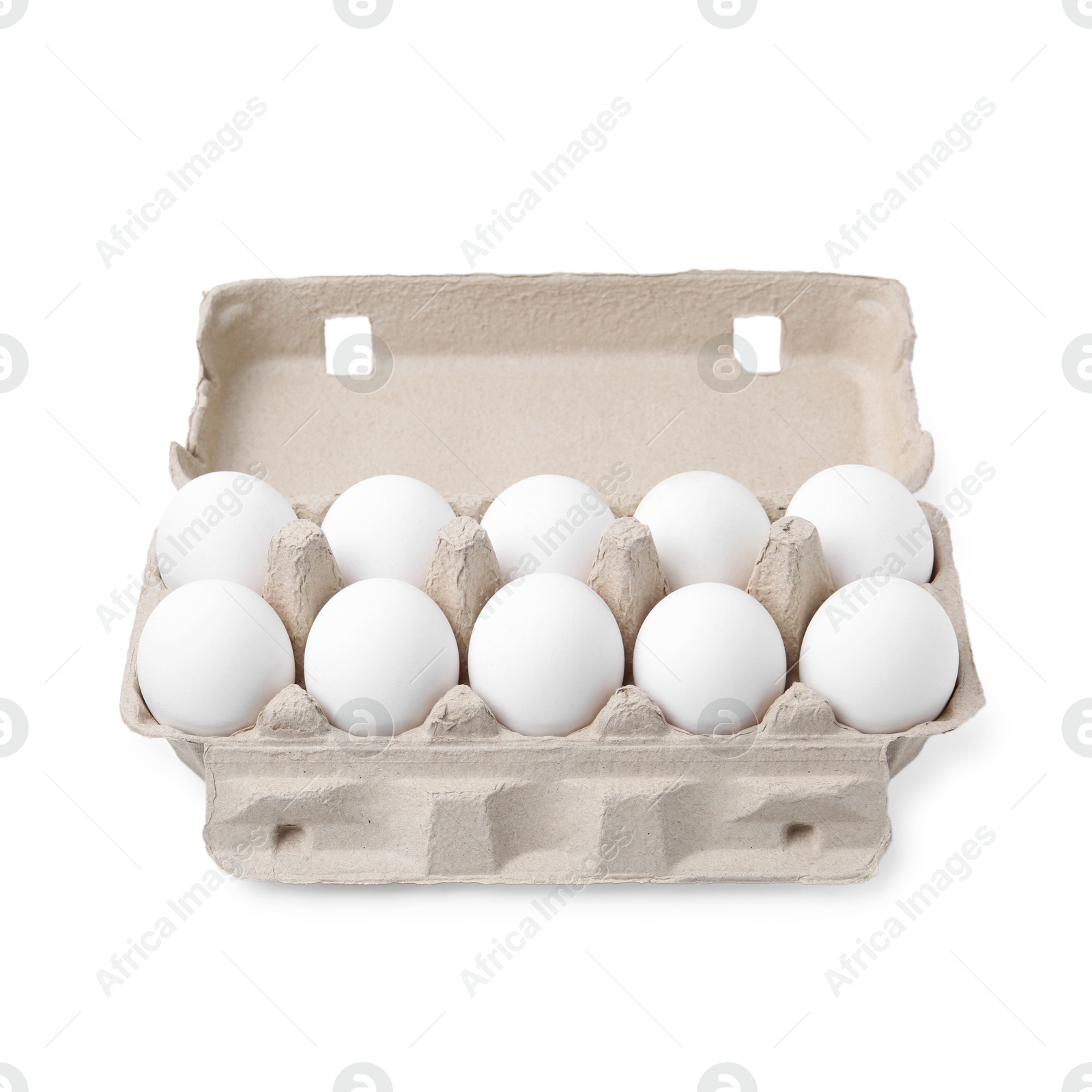 Photo of Raw chicken eggs in egg carton isolated on white