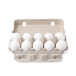 Photo of Raw chicken eggs in egg carton isolated on white