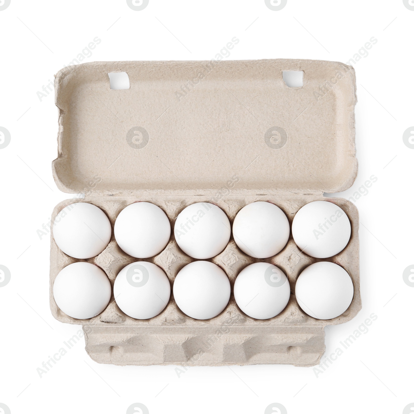 Photo of Raw chicken eggs in egg carton isolated on white, top view