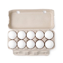 Photo of Raw chicken eggs in egg carton isolated on white, top view