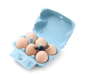 Photo of Raw chicken eggs and feather in egg carton isolated on white