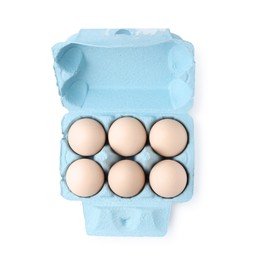 Photo of Raw chicken eggs in egg carton isolated on white, top view