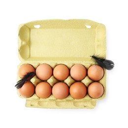 Photo of Raw chicken eggs in egg carton isolated on white, top view