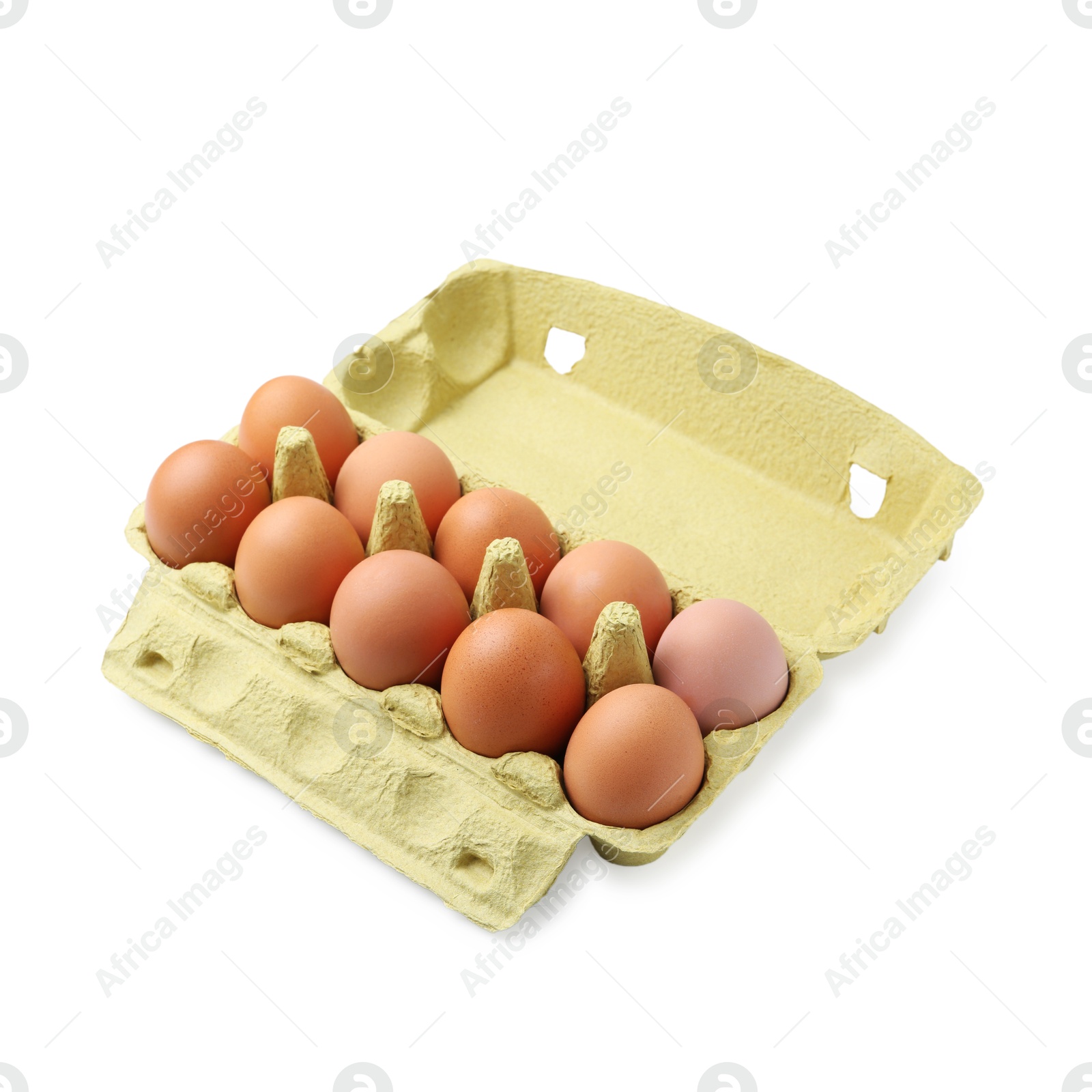 Photo of Raw chicken eggs in egg carton isolated on white