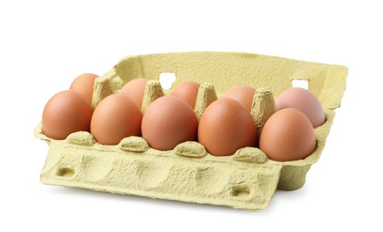 Photo of Raw chicken eggs in egg carton isolated on white