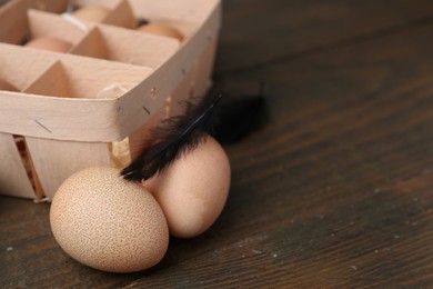 Photo of Raw chicken eggs in egg tray on wooden table, closeup. Space for text