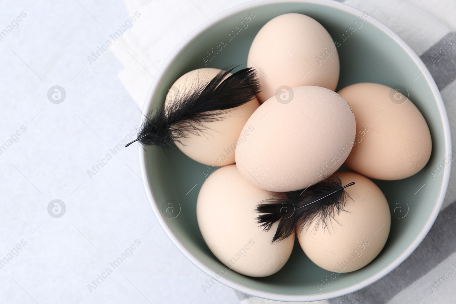Photo of Raw chicken eggs and feathers in bowl on white table, top view. Space for text