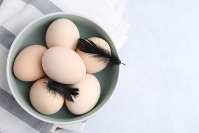 Photo of Raw chicken eggs and feathers in bowl on white table, top view. Space for text