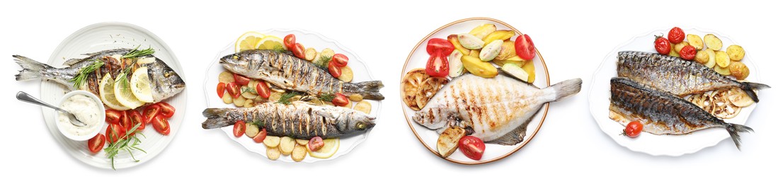 Image of Fried fish. Dishes isolated on white, set. Top view