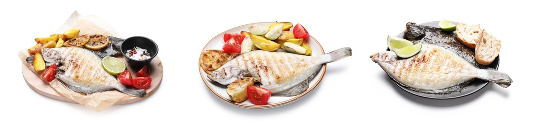 Image of Fried fish. Dishes isolated on white, set