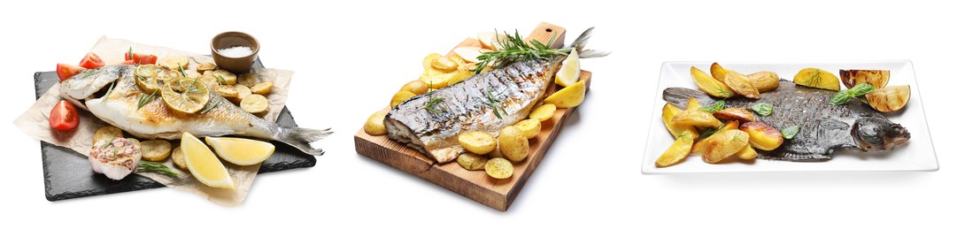 Image of Fried fish. Dishes isolated on white, set
