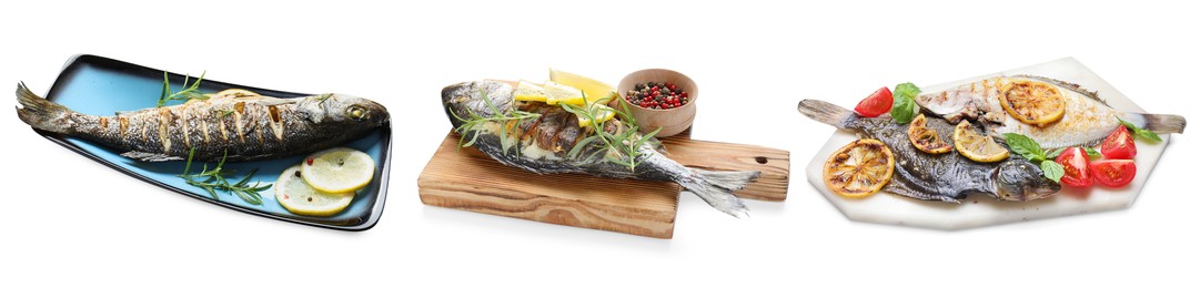 Image of Fried fish. Dishes isolated on white, set