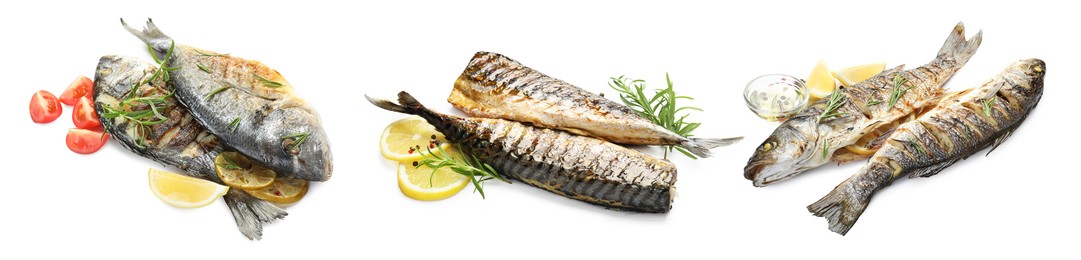 Image of Fried fish. Dishes isolated on white, set
