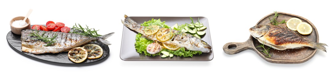 Image of Fried fish. Dishes isolated on white, set