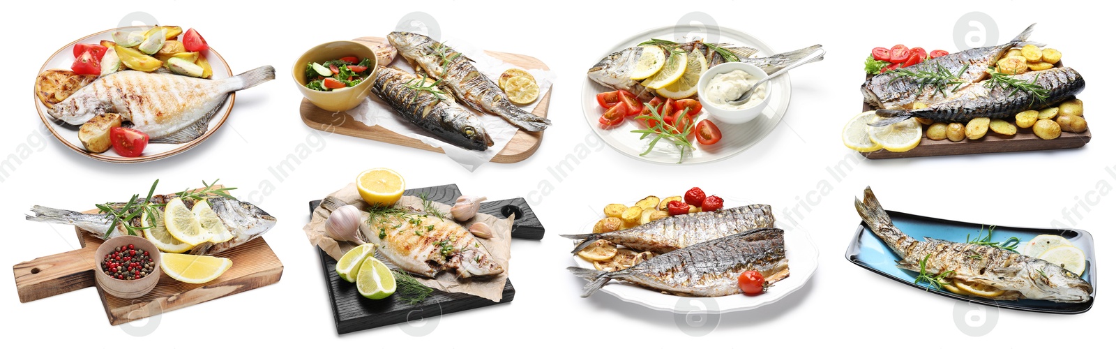 Image of Fried fish. Dishes isolated on white, set