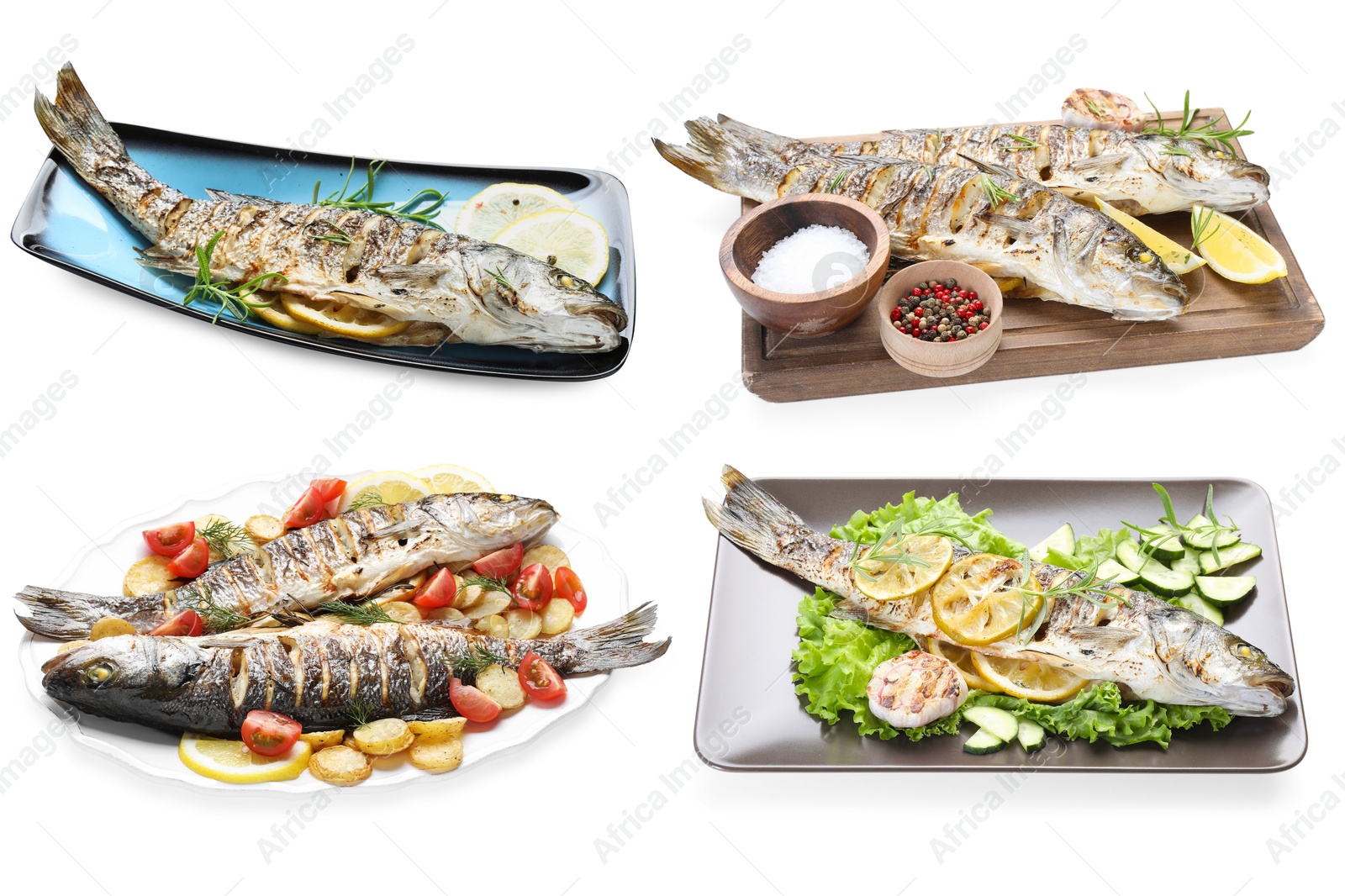 Image of Fried fish. Dishes isolated on white, set